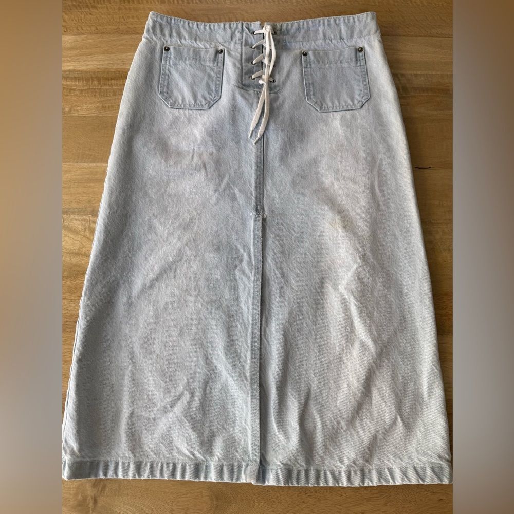 KORS by Michael Kors Light Blue Denim Midi Skirt with Lace-Up Detail Sz 8